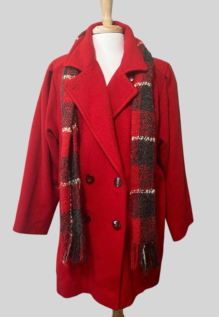 Vintage Freddi Gail Wool Coat & Scarf ILGWU Label Scarlet Red size Large FLAW